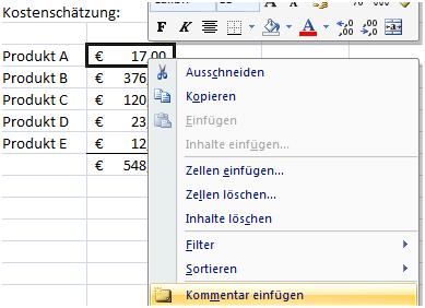excel kommentar einfügen