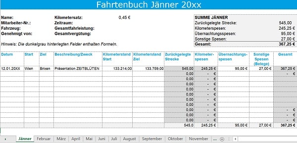 Fahrtenbuch Vorlage (Excel-Format) kostenlos 