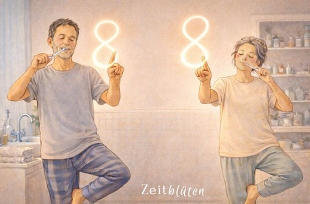 Paar putzt gemeinsam Zähne stehend auf einem Bein