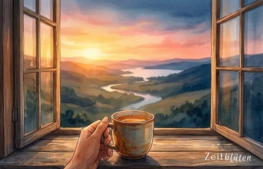 Blick aus einem geöffneten Fenster auf eine weite Landschaft mit Fluss und Bergen im warmen Licht eines Sonnenuntergangs. Im Vordergrund hält eine Hand eine Tasse Tee auf der Fensterbank: „Ich habe getan, was mir möglich war. Und das reicht für heute.“